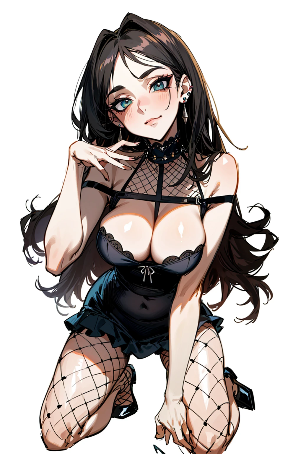 (best quality,masterpiece:1.2,detailed details,4k),((masterpiece)), ((best quality)), (ultra-detailed), anime style,large breast, slim, slender, ashamed, all fours ,Kneeling,Girl with modern gothic makeup, fair skin, long legs, black eyeshadow, camisole, plump figure, earrings and lip studs, fishnet stockings, posing in an attractive pose, lovable expression