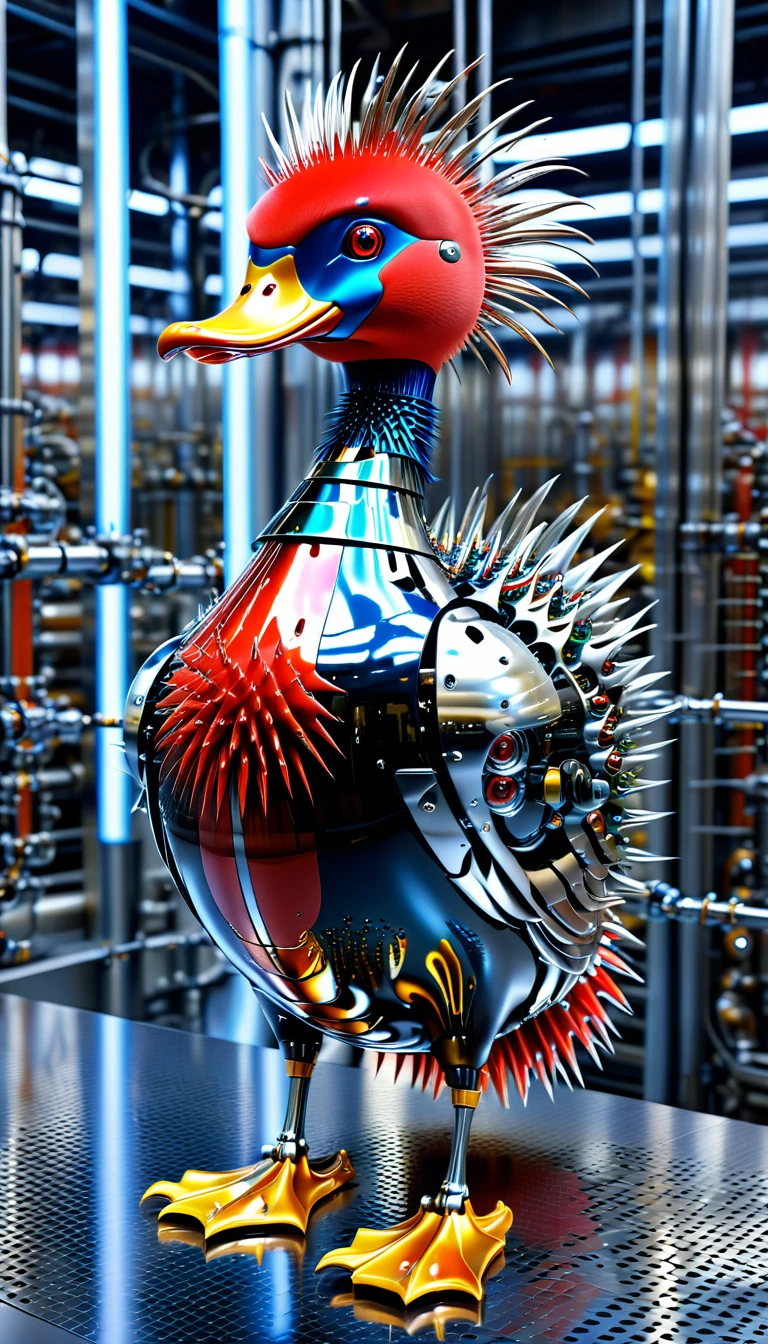 There is no one, Reality Photos, Reality Photos, Realistic photos of duck-like creatures, spikes, multi-colored shiny fur, strange and, Surreal and, the other world, A robotic factory with a shiny assembly plant, intricate details, very sharp, Sophisticated details, Flawless composition, vivid colors, masterpiece, futuristic, metal decoration, The shiny red interior is empty., polished, ray tracing