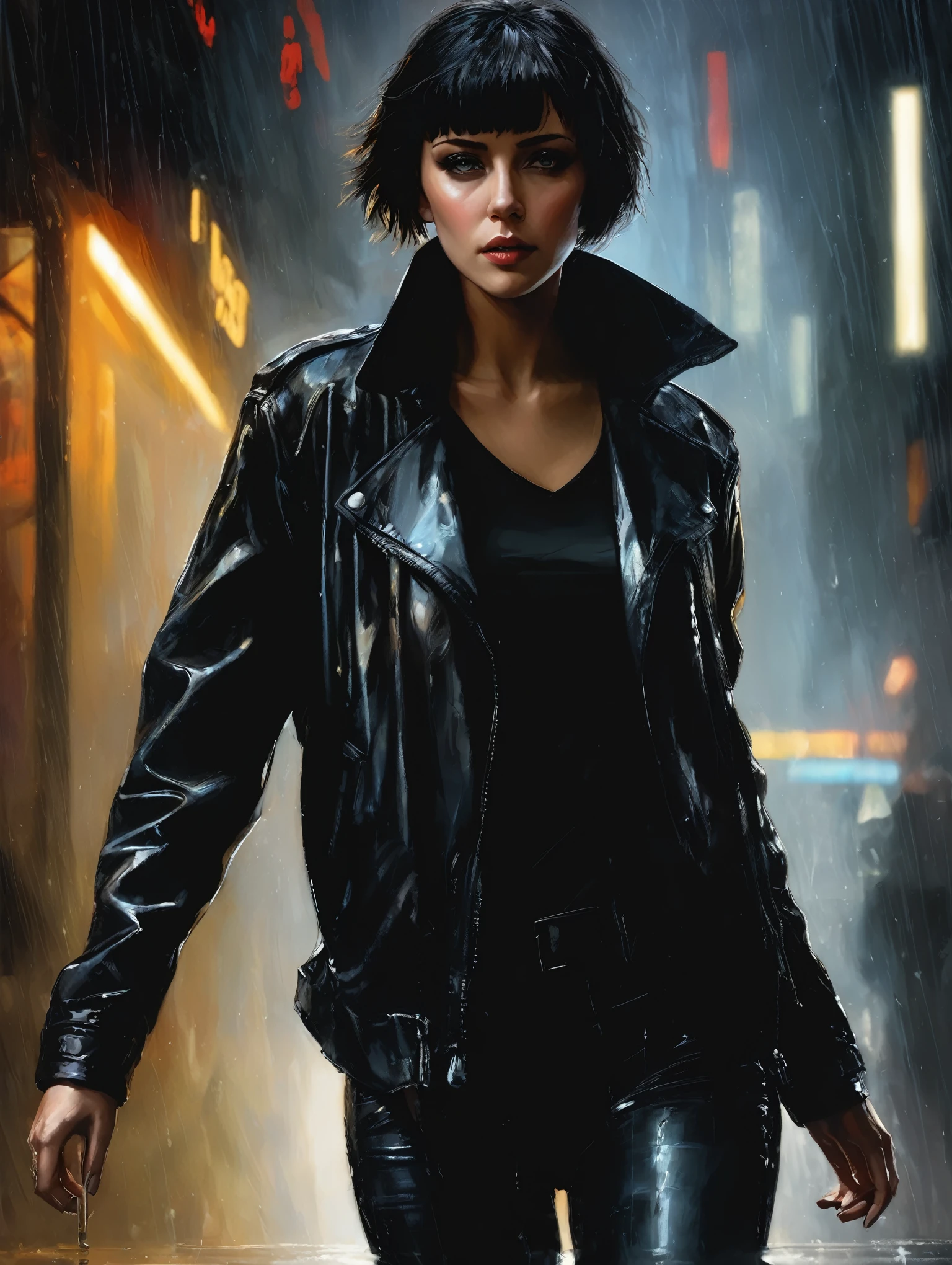 1 female, short hair,  with black leather jacket, 
Blade Runner Rain Shadow Dramatic Lighting Art，author：John Burkey
(best quality, masterpiece, )
