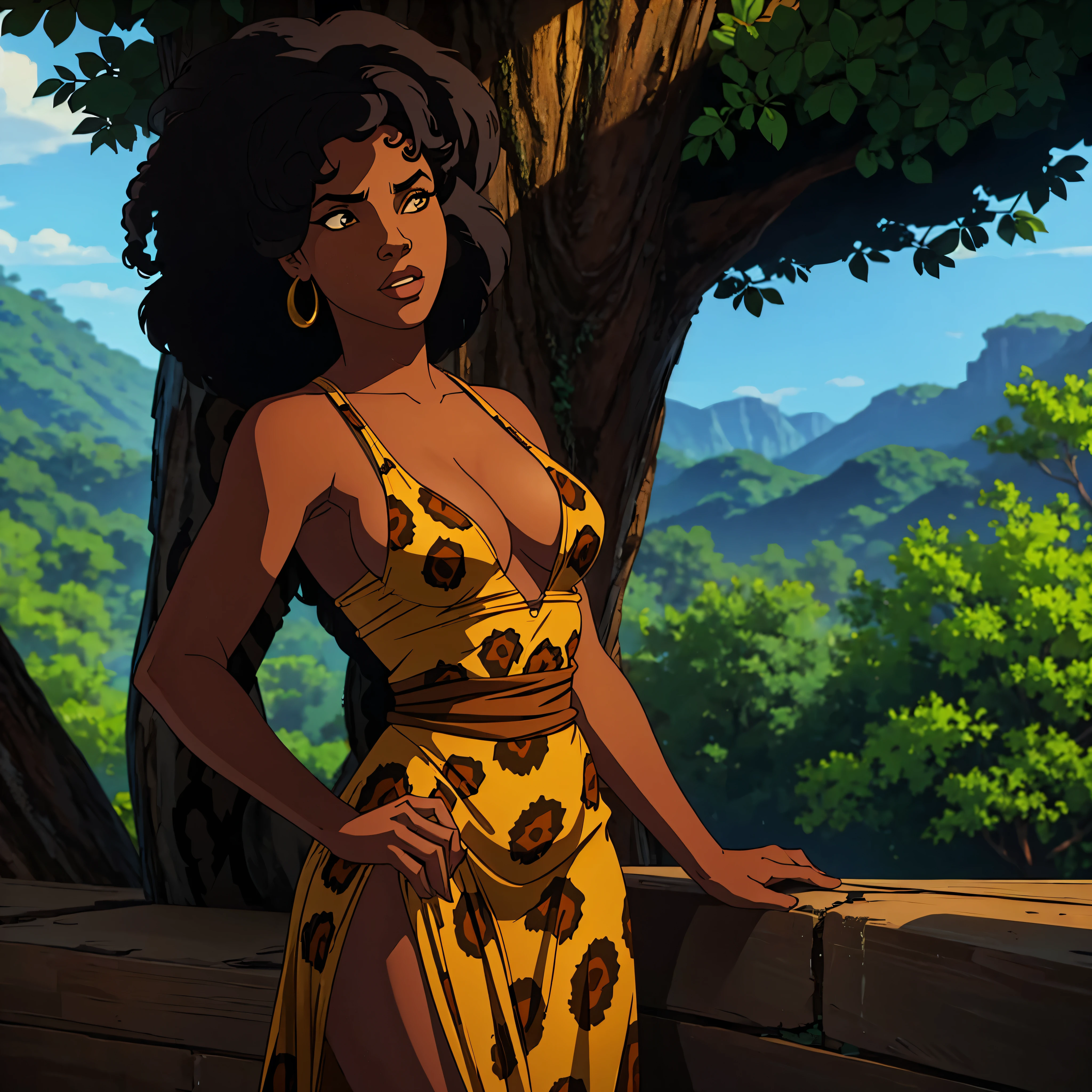 1970s african-american woman wearing a sexy leopard print tarzan dress, cinematic action, masterpiece, super detail, textured skin, atmospheric perspective,