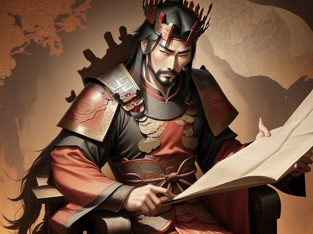 ink Layering,A cunning and strategic portrait of Cao Cao, a warlord from the Three Kingdoms era. He wears a royal robe with dragon patterns, a crown, and has a sharp, intelligent look. He is seated on a throne, holding a fan, surrounded by maps and scrolls.