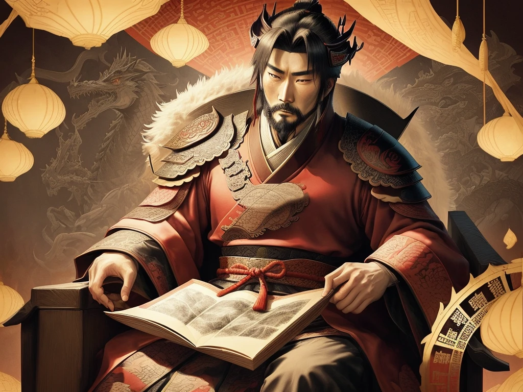 ink Layering,A cunning and strategic portrait of Cao Cao, a warlord from the Three Kingdoms era. He wears a royal robe with dragon patterns, a crown, and has a sharp, intelligent look. He is seated on a throne, holding a fan, surrounded by maps and scrolls.
