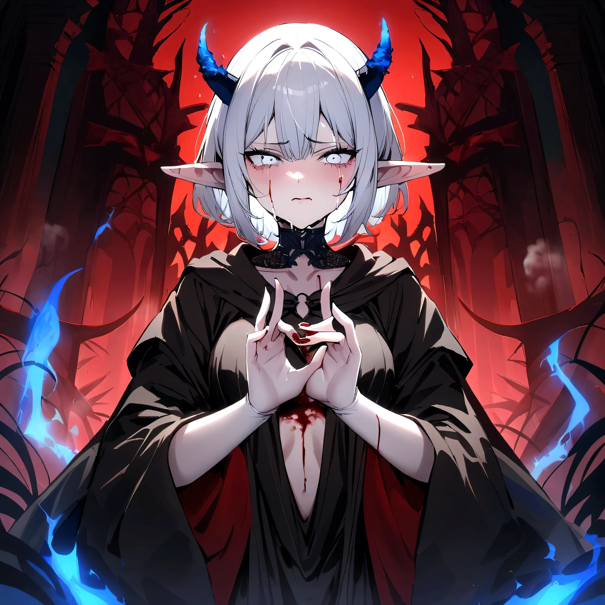 Masterpiece, 4k, high quality, 1 girl,white short hair with blue flame highlights , white horns, crying angry expression ,black patterned assassin's robe, grey gloves, great mage staff, elf ears, pale white eyes , in the a mystical forest, in front of the gates of hell , bleeding neck  , hole in chest dripping blood, tore garment, crown of blood on top of her head, making hand signs , twinkles around her , steam evaporating from her body, demons around her 