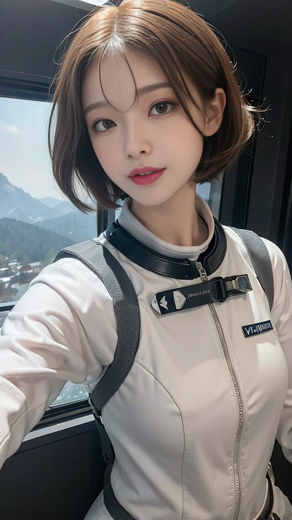 Highest quality、masterpiece、Ultra-high resolution、(Genuine:1.4)、Beautiful woman1、Beautiful details in the eyes and skin、smile、Light brown short hair、The perfect space suit、Grey Sky、Snow Planet、