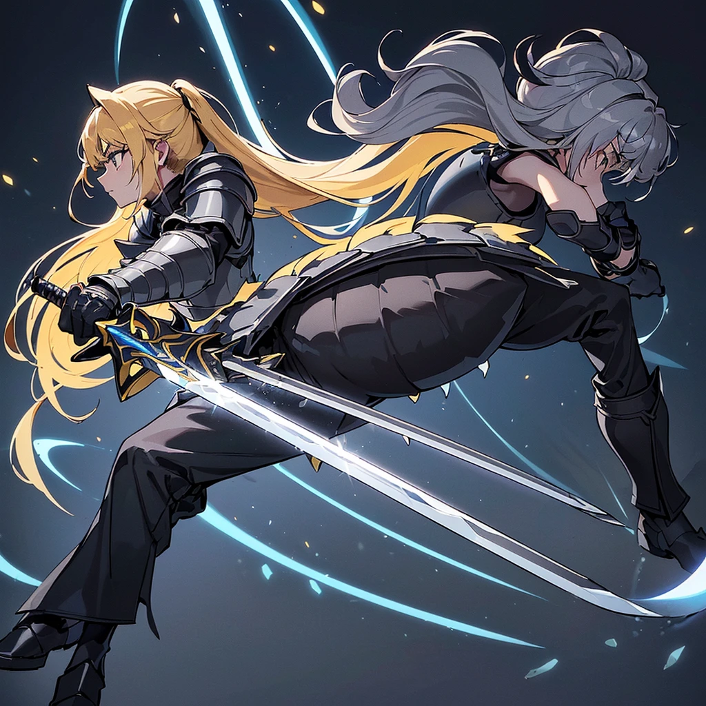 (((Solo)))、Highest quality, Best Quality、8K、(Full body character concept、detailed)、(((Gray simple armor、Black trousers、Black gloves))、(woman、18-year-old)、(Blonde、Long Hair)、(((Grab the sword)))、(Glowing light background)、(Fighting stance,)、Dramatic Angle、(Blue and yellow aura)、(From the side、profile)