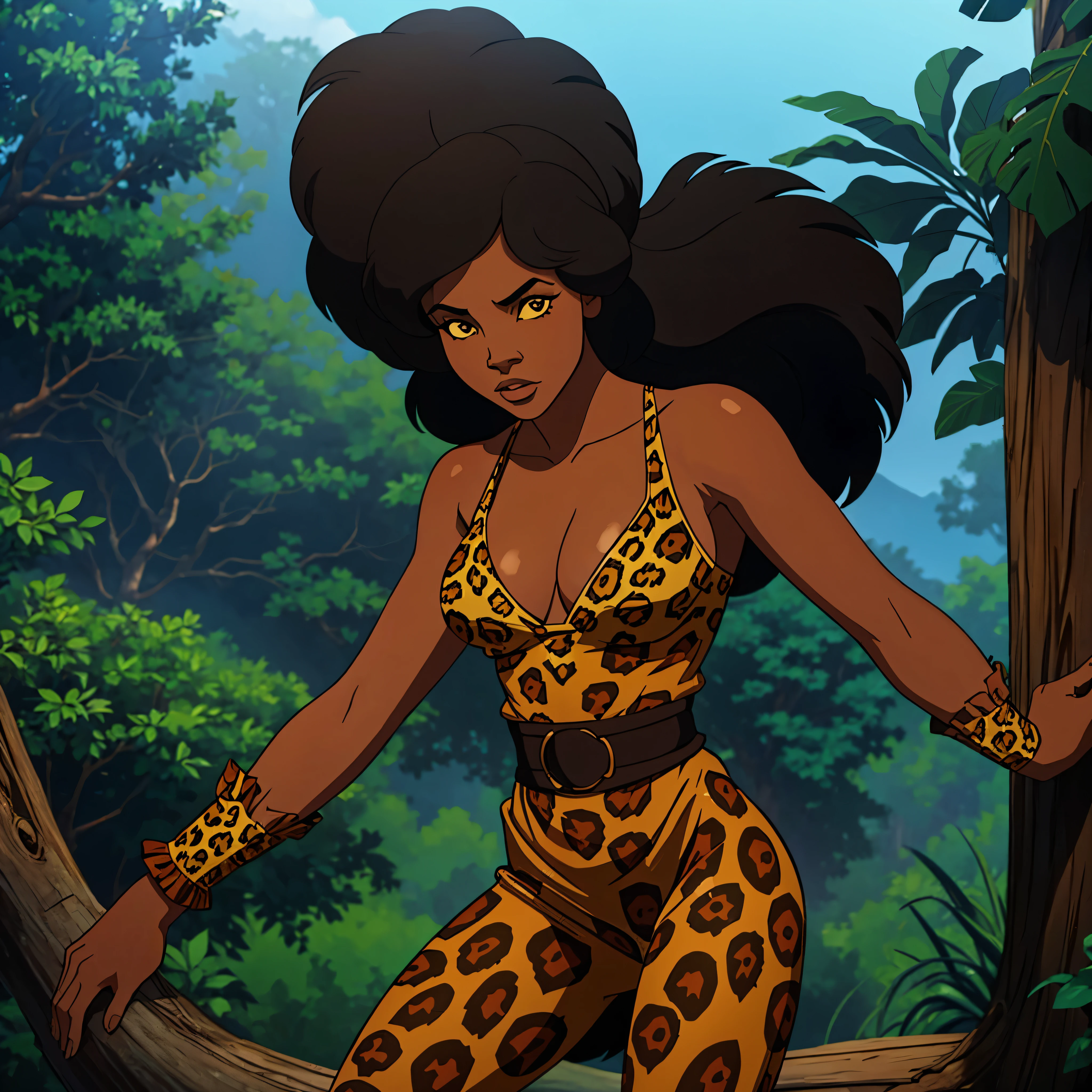 1970s african-american woman wearing a  leopard print tarzan dress, cinematic action, masterpiece, super detail, textured skin, atmospheric perspective,