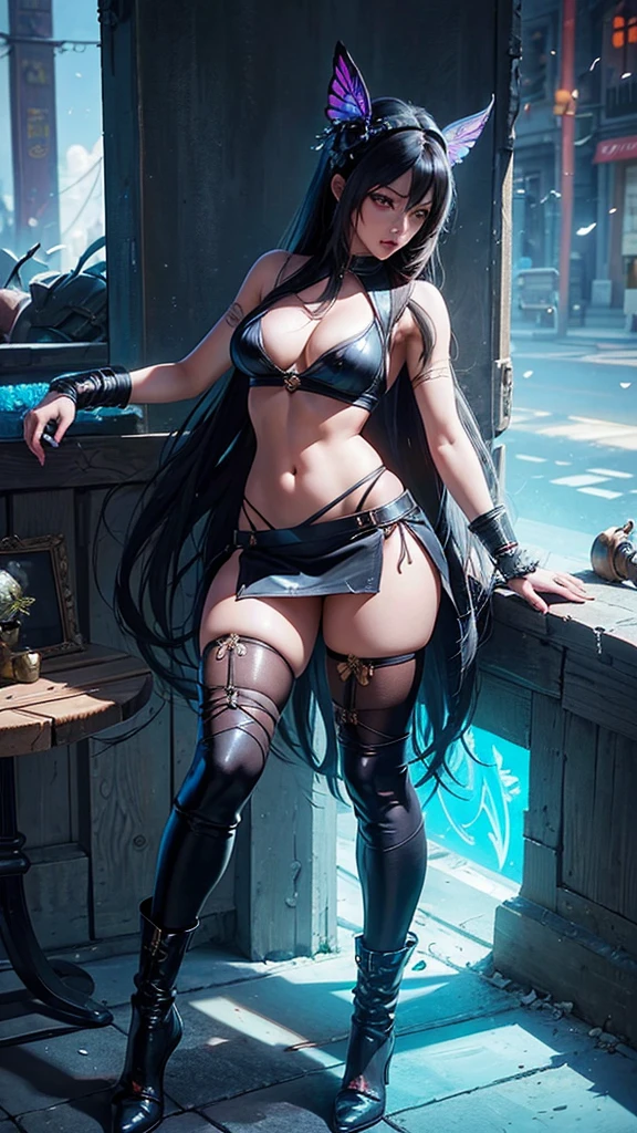 there is a woman with long hair and butterfly wings on her head, concept art inspired by Li Mei-shu, trending on cg society, conceptual art, irelia from league of legends, seductive tifa lockhart portrait, juri han from street fighter, anime cosplay, anime girl cosplay, tifa, tifa lockhart, kda, irelia