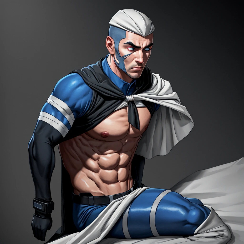 A realistic 3D male model in full body composition, wearing a full body hero suit and cape in the pattern of a professional baseball uniform, a very short haired, crew cut, cool, dandy-like, veteran-aged man with a shiny, sparkling blue cape that is longer than his body, gloves and a cap are always worn, an original hero, only the eyebrows, eyelashes and eyes are visible, his mouth is bandaged and sealed, the upper half of his face is bare with a sharp gaze, he has six pack abs, a muscular macho man with a sturdy body, he has both legs closed, his hands are clasped behind his back in an X shape, his whole body is bound and sealed with duct tape and he is held down. He has collapsed from exhaustion and is sleeping with his eyes closed. A coat of arms, in a dark room background, his whole body facing forward, backward, left and right (north, south, east and west), an image of him being restrained and mummified.
