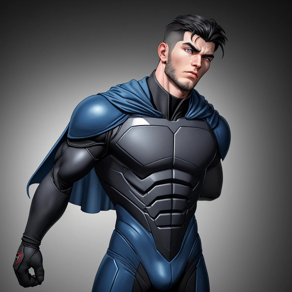 A realistic 3D male model in full body composition, wearing a full body hero suit and cape in the pattern of a professional baseball uniform, a very short haired, crew cut, cool, dandy-like, veteran-aged man with a shiny, sparkling blue cape that is longer than his body, gloves and a cap are always worn, an original hero, only the eyebrows, eyelashes and eyes are visible, his mouth is bandaged and sealed, the upper half of his face is bare with a sharp gaze, he has six pack abs, a muscular macho man with a sturdy body, he has both legs closed, his hands are clasped behind his back in an X shape, his whole body is bound and sealed with duct tape and he is held down. He has collapsed from exhaustion and is sleeping with his eyes closed. A coat of arms, in a dark room background, his whole body facing forward, backward, left and right (north, south, east and west), an image of him being restrained and mummified.