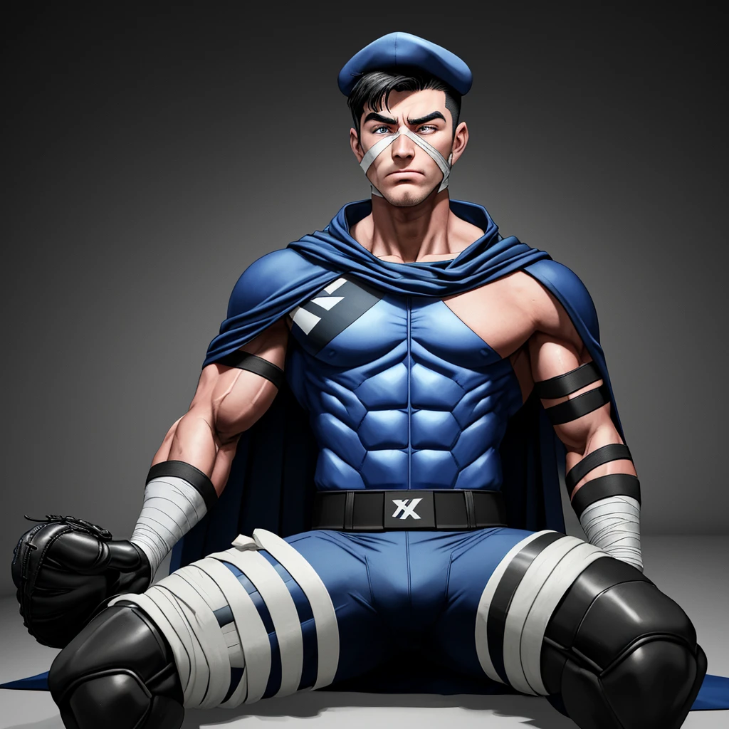 A realistic 3D male model in full body composition, wearing a full body hero suit and cape in the pattern of a professional baseball uniform, a very short haired, crew cut, cool, dandy-like, veteran-aged man with a shiny, sparkling blue cape that is longer than his body, gloves and a cap are always worn, an original hero, only the eyebrows, eyelashes and eyes are visible, his mouth is bandaged and sealed, the upper half of his face is bare with a sharp gaze, he has six pack abs, a muscular macho man with a sturdy body, he has both legs closed, his hands are clasped behind his back in an X shape, his whole body is bound and sealed with duct tape and he is held down. He has collapsed from exhaustion and is sleeping with his eyes closed. A coat of arms, in a dark room background, his whole body facing forward, backward, left and right (north, south, east and west), an image of him being restrained and mummified.