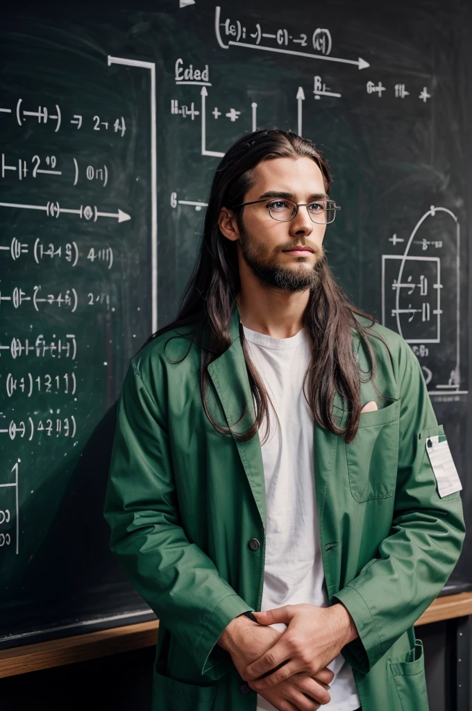 A realistic photo of a young [men], with [black haird, long hair, minimal beard], wearing a green lab coat and glasses, daydreaming while standing in front of a chalkboard filled with physics equations in a modern laboratory setting. The person has a thoughtful expression, looking up slightly as if imagining new scientific ideas."
