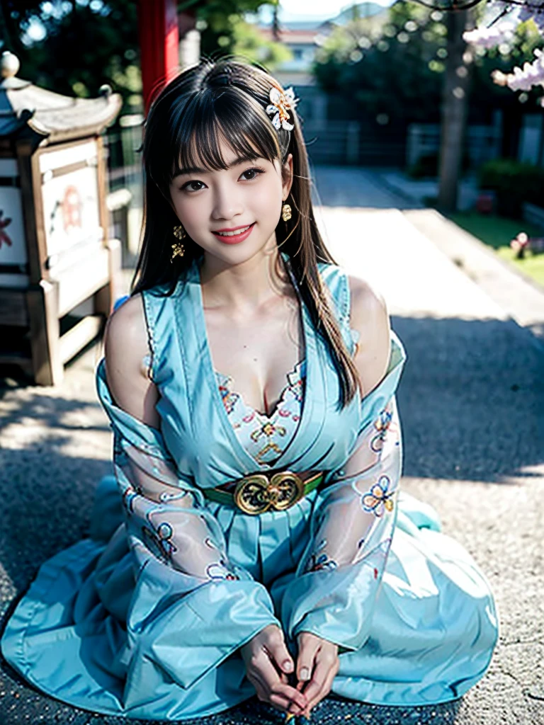 A girl , idol, detailed shrine maiden clothes, Full body shot, turquoise blue and gold shrine maiden clothes, Luxury shrine maiden clothes with detailed embroidery, bare shoulders, long hair, wearing transparent , best quality, (hair ornament:1.35), jewelry, earrings, cherry blossoms, lantern light, depth of field, detailed face, face focus, ribbon_trim, (looking at viewer:1.25), nontraditional miko, shiny skin, long sleeves, Beautiful firm cleavage, beautiful clavicle. big smile , thick lips, (blurry background:1.2), sitting, from below, Chinese style