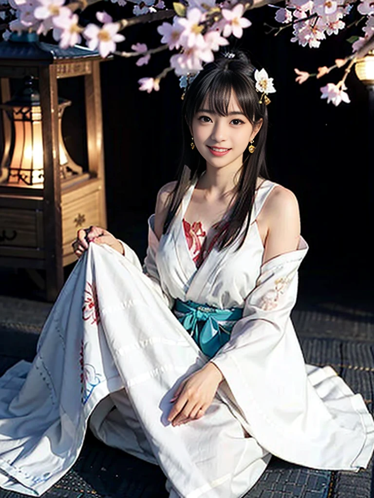 A girl , idol, detailed shrine maiden clothes, Full body shot, turquoise blue and gold shrine maiden clothes, Luxury shrine maiden clothes with detailed embroidery, bare shoulders, long hair, wearing transparent , best quality, (hair ornament:1.35), jewelry, earrings, cherry blossoms, lantern light, depth of field, detailed face, face focus, ribbon_trim, (looking at viewer:1.25), nontraditional miko, shiny skin, long sleeves, Beautiful firm cleavage, beautiful clavicle. big smile , thick lips, (blurry background:1.2), sitting, from below, Chinese style
