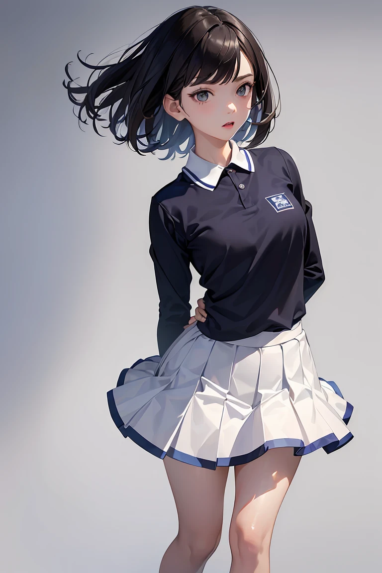 a cut girl with sort hair, wearing tennis sport uniform, standing sideways,Left side face, full-body, clean background, full body shot:1.2, Detailed face, detailed eyes, detailed nose, detailed mouth,((UHD,masterpiece,super detail,award winning:1.4,best quality:1.2,highres,high quality))