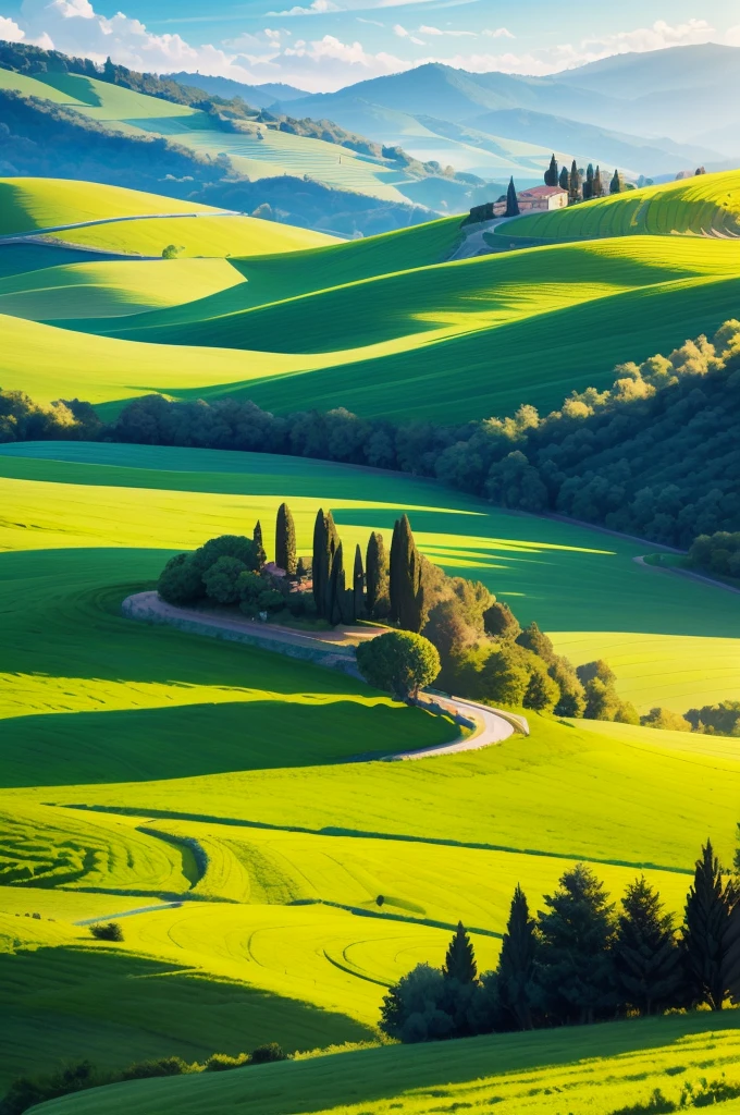 sweeping view of a green field with a road in the foreground, hills of tuscany, with rolling hills, rolling green hills, lush hinterland, Italy, southern european scenery, hinterland, stunning landscape, stunning landscape, rolling hills, rolling foothills, spots of green fields, Cypresses and hills, Incredible landscape, country landscape, Incredible landscape in background, beautiful valley