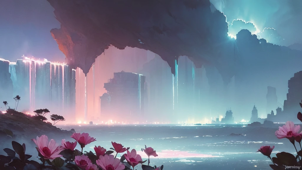 32k, Masterpiece, Highest quality, One girl, Detailed eyes, flower,Alstroemeria, Pink and light blue style,A dreamy, romantic piece,Pale yellow, Mysterious Leaves,A playful arrangement,Fantasy,High Contrast,Ink strokes,explosion,Exposure, Impression of pink and light blue tones,Abstract,((Watercolours by John Berkey and Jeremy Mann )) Brush strokes,Negative Space, Tyndall effect,