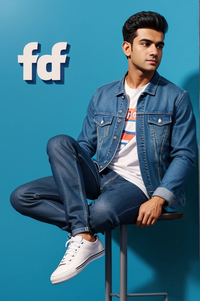 Create a 3D illustration of an animated character sitting casually on top of social media logo "Facebook". The character must wear causal modern clothing such as Jeans jacket sneakers shoes. The background of the image is a social media profile page with username "Amit Khan" and a profile picture that matches animated character.