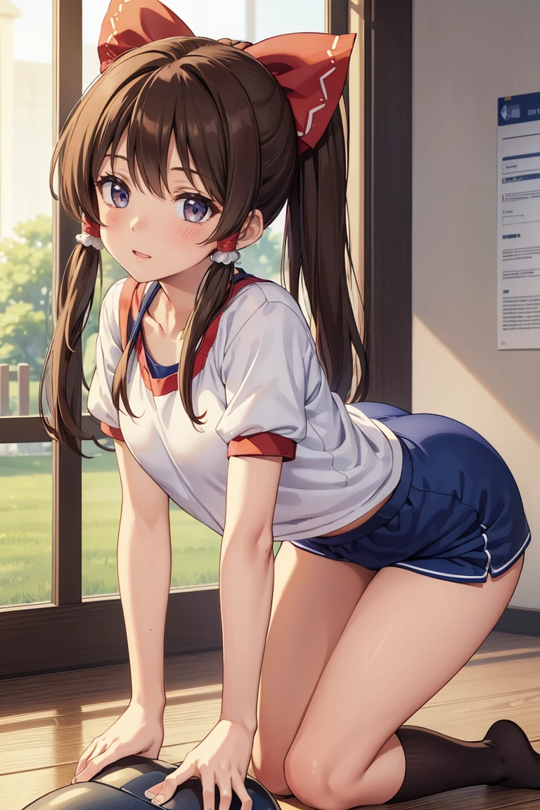 Reimu Hakurei, (Brown eyes:1.5), Brown Hair, bow, hair bow, Hair Tube, Long Hair, red bow, Side Lock, (((Slender body)))、(Navy blue cuffs and white short-sleeved gym uniform)、(Navy Blue Bloomers)、(
barefoot)、Navy blue socks、sports boots、Ground、Schoolyard、(((On all fours)))、(((Backwards、look back)))、View your viewers,blush、
Cowboy Shot,Smile Break (masterpiece:1.2), Highest quality, High resolution, unity 8k wallpaper, (figure:0.8), (Beautiful attention to detail), Highly detailed face, Perfect lighting, Highly detailed CG, (Perfect hands, Perfect Anatomy)