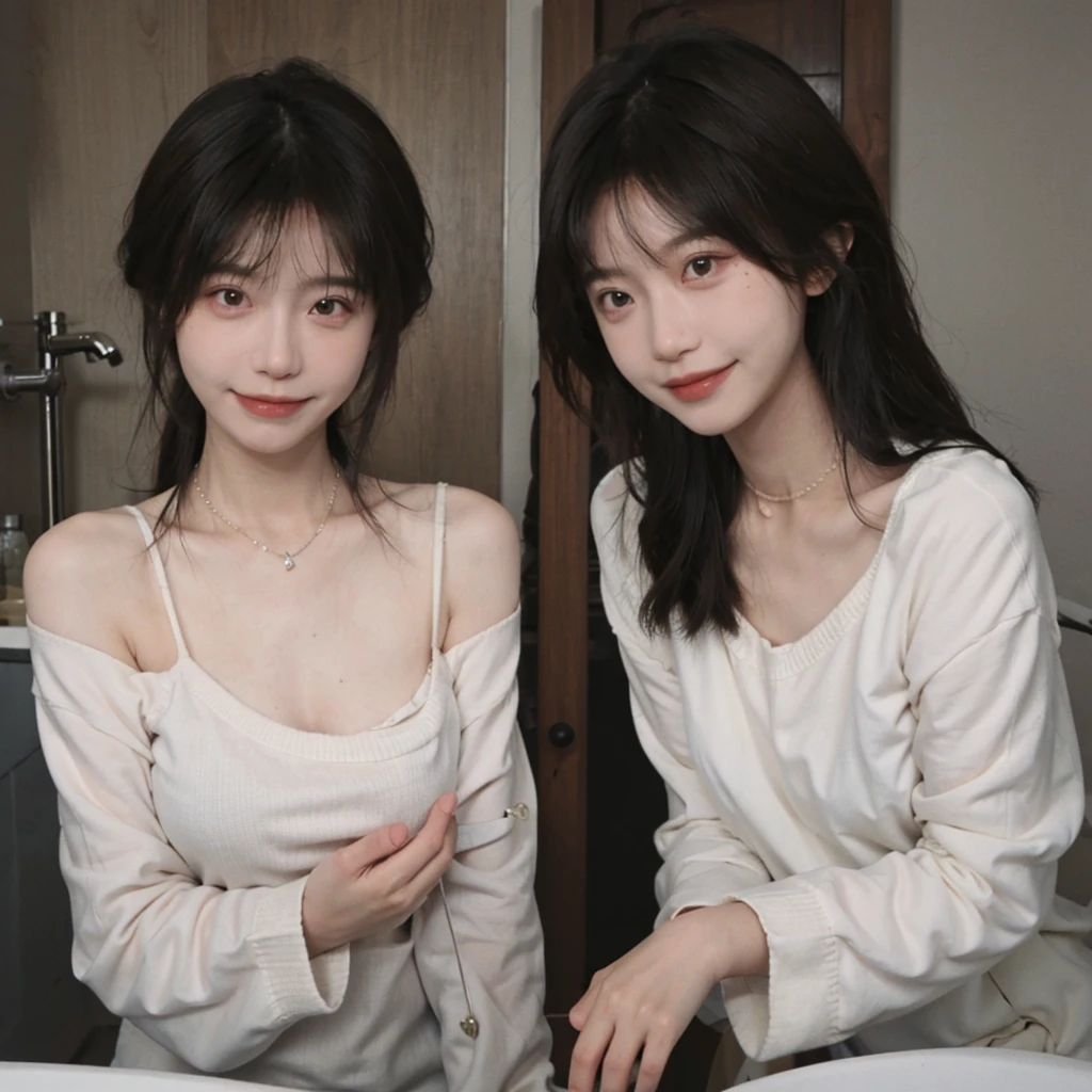 best qualtiy, Ultra-high resolution, (realisticlying:1.4),cute hairpin,Baoyu Girl,1girll, Beautiful woman with a slim figure:1.4, abs:1.1, (A brown-haired, mideum breasts:1.3), Long pink sweater:1.1, bathroom,Ultra-fine face,Elaborate Eyes,double eyelid,ssmile,choker necklace
