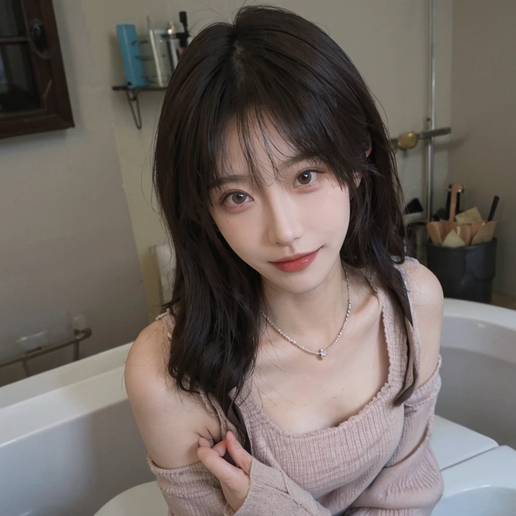 best qualtiy, Ultra-high resolution, (realisticlying:1.4),cute hairpin,Baoyu Girl,1girll, Beautiful woman with a slim figure:1.4, abs:1.1, (A brown-haired, mideum breasts:1.3), Long pink sweater:1.1, bathroom,Ultra-fine face,Elaborate Eyes,double eyelid,ssmile,choker necklace