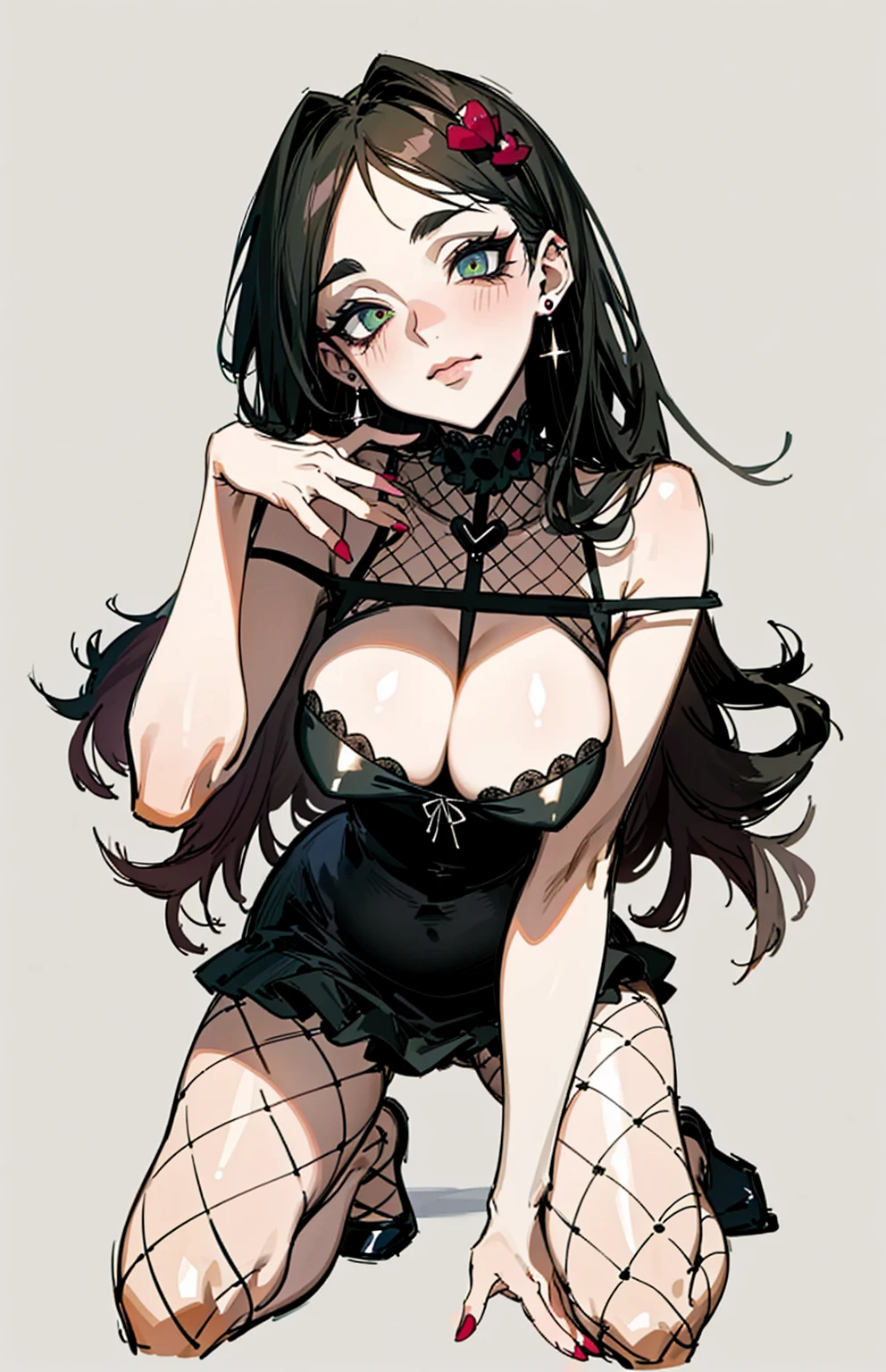 （best quality，masterpiece：1.2，detailed details，4k），((masterpiece)), ((best quality)), (ultra-detailed), anime style,large breast, slim, slender, ashamed, all fours ，Kneeling,Girl with modern gothic makeup, fair skin, long legs, black eyeshadow, camisole, plump figure, earrings and lip studs, fishnet stockings, posing in an attractive pose, lovable expression