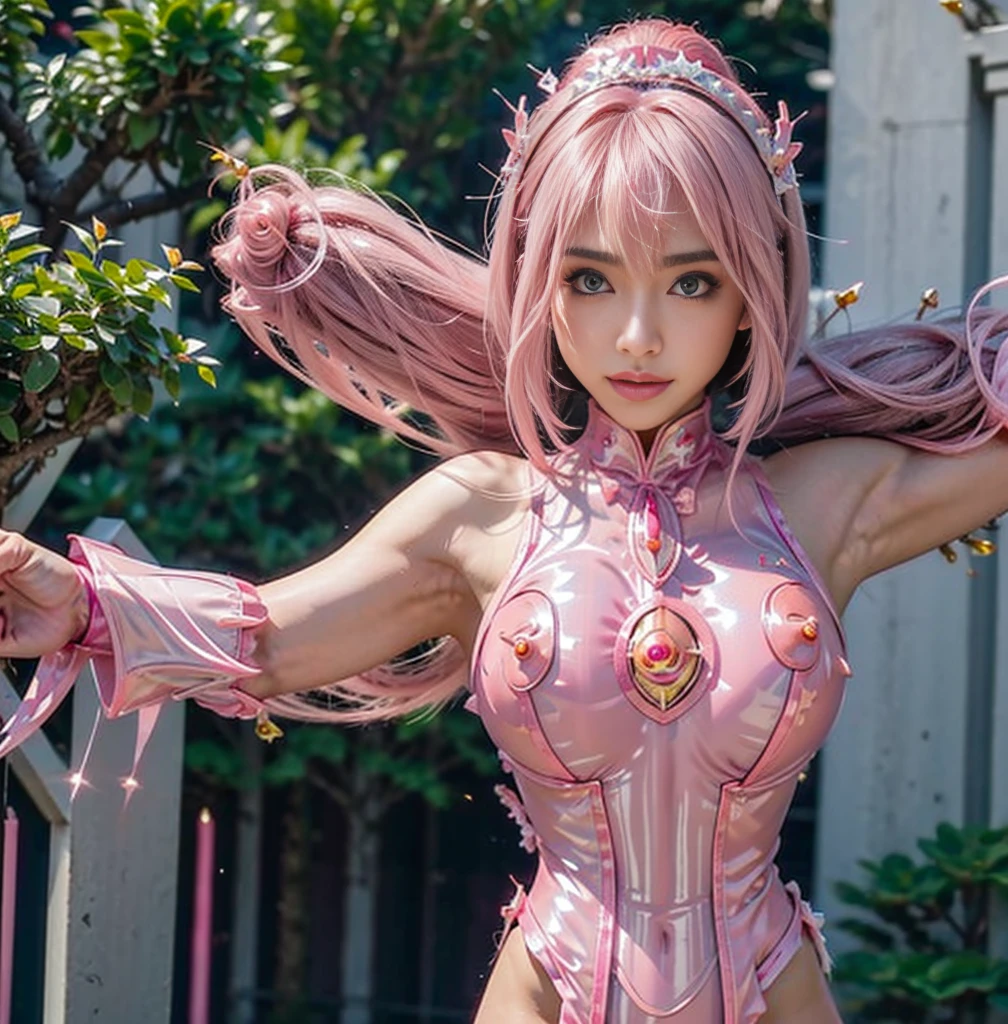 Highest quality，masterpiece，Ultra-high resolution, Very detailed, 8K，a  beautiful Japanese woman:1.5, ((Crucifixion)), Small face，((クロスにCrucifixionにされた女性:1.5, Breast Augmen Surgery)), (Detailed pink magical girl heroine jelly cost5),　Very pleasant look:1.8