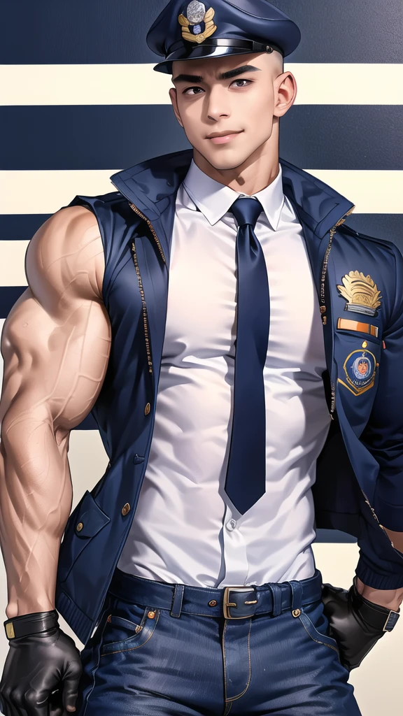 1 man,(Skinheads hairstyles) ,black eye,(Wear a fitted jacket  navy with a police badge.:1.3),(fit neck),Navy blue jeans,(black_gloves), Korean guy,chest muscles,large arm muscles,blood vessel,Big muscles,Broad shoulders, smile, middle of the road,(In the desert:1.2),(full_shot:1.6),(ร้านขนมปัง:1.2),