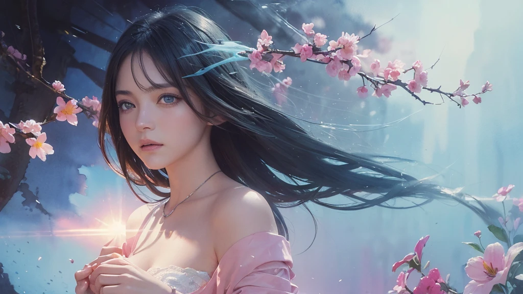 32k, Masterpiece, Highest quality, One girl, Detailed eyes, flower,Alstroemeria, Pink and light blue style,A dreamy, romantic piece,Pale yellow, Mysterious Leaves,A playful arrangement,Fantasy,High Contrast,Ink strokes,explosion,Exposure, Impression of pink and light blue tones,Abstract,((Watercolours by John Berkey and Jeremy Mann )) Brush strokes,Negative Space, Tyndall effect,