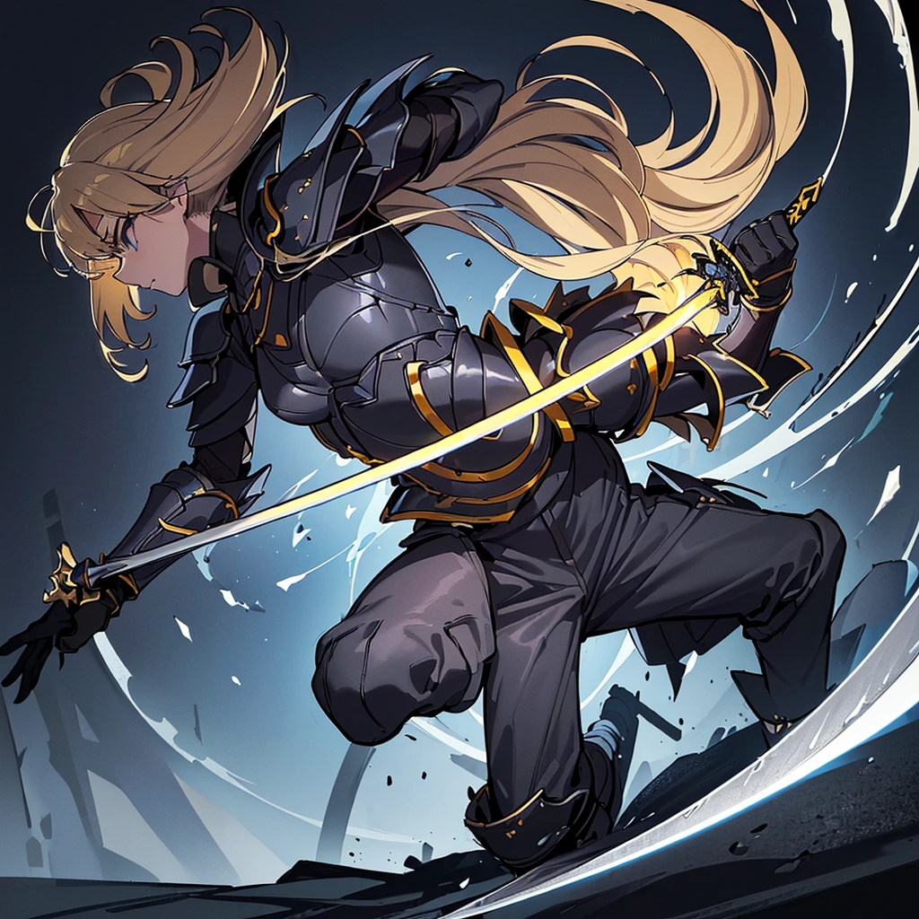 (((Solo)))、Highest quality, Best Quality、8K、Best illustrations、(Full body character concept、detailed)、(((Gray simple armor、Black trousers、Black gloves))、(woman、18-year-old)、(Blonde、Long Hair)、(((Grab the sword)))、(Glowing light background)、(Fighting stance,)、Dramatic Angle、(Blue and yellow aura)、(From the side、profile)