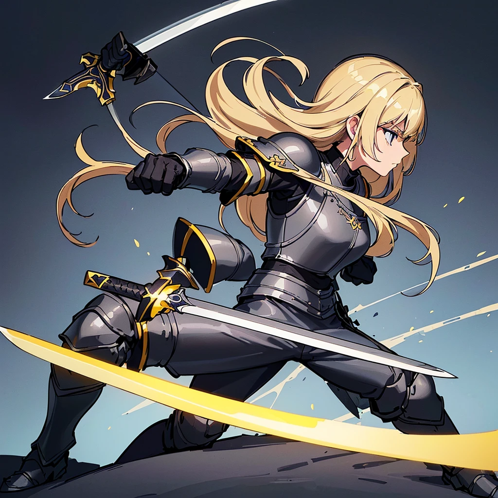 (((Solo)))、Highest quality, Best Quality、8K、Best illustrations、(Full body character concept、detailed)、(((Gray simple armor、Black trousers、Black gloves))、(woman、18-year-old)、(Blonde、Long Hair)、(((Grab the sword)))、(Glowing light background)、(Fighting stance,)、Dramatic Angle、(Blue and yellow aura)、(From the side、profile)
