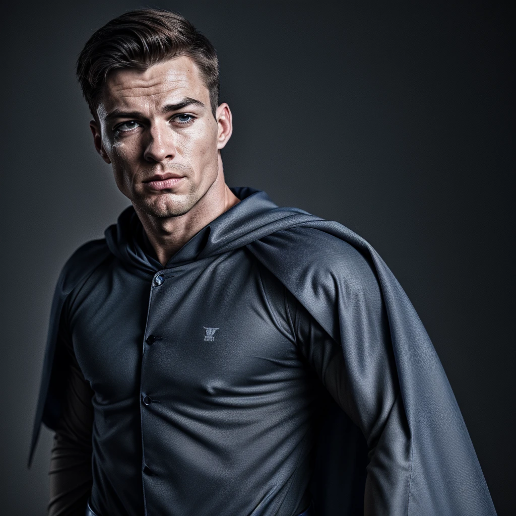 A realistic 3D male model in full body composition, wearing a full body hero suit and cape in the pattern of a professional baseball uniform, a very short haired, crew cut, cool, dandy-like, veteran-aged man with a shiny, sparkling blue cape that is longer than his body, gloves and a cap are always worn, an original hero, only the eyebrows, eyelashes and eyes are visible, his mouth is bandaged and sealed, the upper half of his face is bare with a sharp gaze, he has six pack abs, a muscular macho man with a sturdy body, he has both legs closed, his hands are clasped behind his back in an X shape, his whole body is bound and sealed with duct tape and he is held down. He has collapsed from exhaustion and is sleeping with his eyes closed. A coat of arms, in a dark room background, his whole body facing forward, backward, left and right (north, south, east and west), an image of him being restrained and mummified.