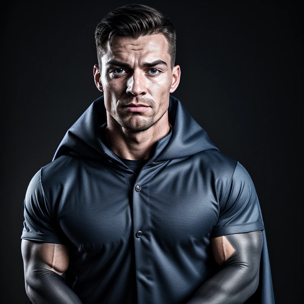 A realistic 3D male model in full body composition, wearing a full body hero suit and cape in the pattern of a professional baseball uniform, a very short haired, crew cut, cool, dandy-like, veteran-aged man with a shiny, sparkling blue cape that is longer than his body, gloves and a cap are always worn, an original hero, only the eyebrows, eyelashes and eyes are visible, his mouth is bandaged and sealed, the upper half of his face is bare with a sharp gaze, he has six pack abs, a muscular macho man with a sturdy body, he has both legs closed, his hands are clasped behind his back in an X shape, his whole body is bound and sealed with duct tape and he is held down. He has collapsed from exhaustion and is sleeping with his eyes closed. A coat of arms, in a dark room background, his whole body facing forward, backward, left and right (north, south, east and west), an image of him being restrained and mummified.