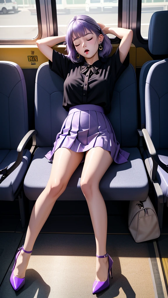20th generation women,,Clear images、Real women　、Light purple hair, Side Tail 彼女 is fast asleep with his eyes closed and his mouth open., Slender figure ,Breasts are a little bigger than normal , Full body shot from head to toe, Shiny light purple high heels、 blouse、、Large ring earrings, Sit down in the back of the bus, 、I threw my head back and fell into a deep sleep..,My arms are hanging down. I'm weak and want to sleep..Her knees are open and her  is visible., Both feet are on the floor, sleeping face, close your eyes, Mouth wide open and drool、tilt your head back and look up, You can rest your head on the seat and sleep soundly.., Anatomically correct,A composition looking up from directly in front 
