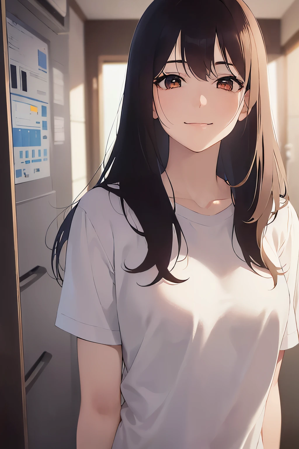 (hand up:1.2), Realistic, real person, (pale skin: 1.2), upper body, RAW photo, photorealistic, shiny skin, shiny hair、(A 25-year-old woman with medium-length hair and bangs) and (wavy hair) and (brown hair) and (Orange Eyes) , (White T-shirt) 、(sad smile:1.5), The background is a hospital room.、Alone、Are standing