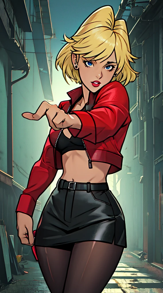 ((masterpiece, best quality)),solo,1girl, ritaloud, rita_loud, large breasts, highres, blonde hair, hair over eyes, detailed, soft lighting, short hair, red shirt, criminal girl, black leather jacket, black skirt, pantyhose, lingerie, background : ocean docks, aiming at viewer, holding pistol, handgun, looking at you
