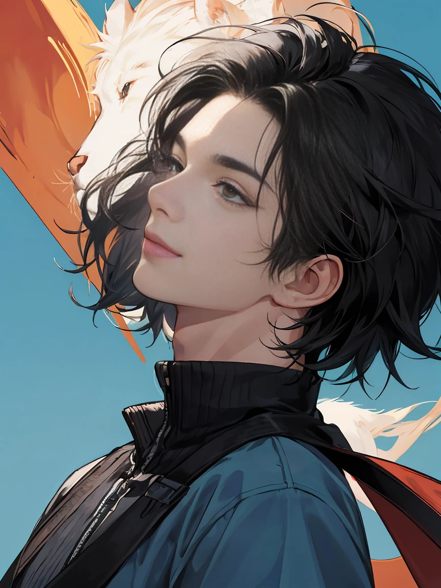 modern, under a clear blue sky, anime style, chiaroscuro, UHD, masterpiece, anatomically correct, textured skin, high details, super detail, best quality, (extreamly delicate and beautiful:1.2), 8K, (tmasterpiece, best:1.0), One male that very short black hair, short black Quiff hair with Soft Fringe, bangs part on side 5:5 ratio, wearing a loose black sleeve, thin, (sports style), a frontal view of a face looking to the right, displaying a sly smile, Korean illustration style.