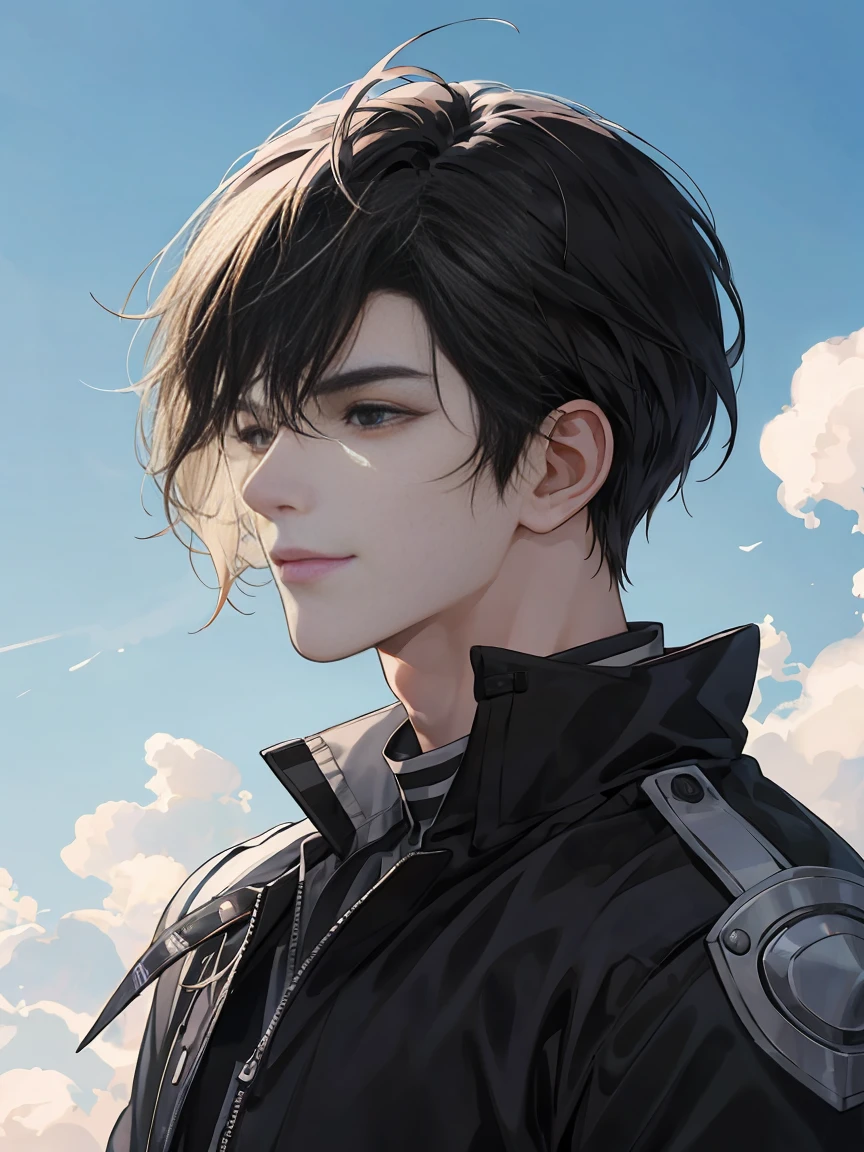 modern, under a clear blue sky, anime style, chiaroscuro, UHD, masterpiece, anatomically correct, textured skin, high details, super detail, best quality, (extreamly delicate and beautiful:1.2), 8K, (tmasterpiece, best:1.0), One male that very short black hair, short black Quiff hair with Soft Fringe, bangs part on side 5:5 ratio, wearing a loose black sleeve, thin, (sports style), a frontal view of a face looking to the right, displaying a sly smile, Korean illustration style.