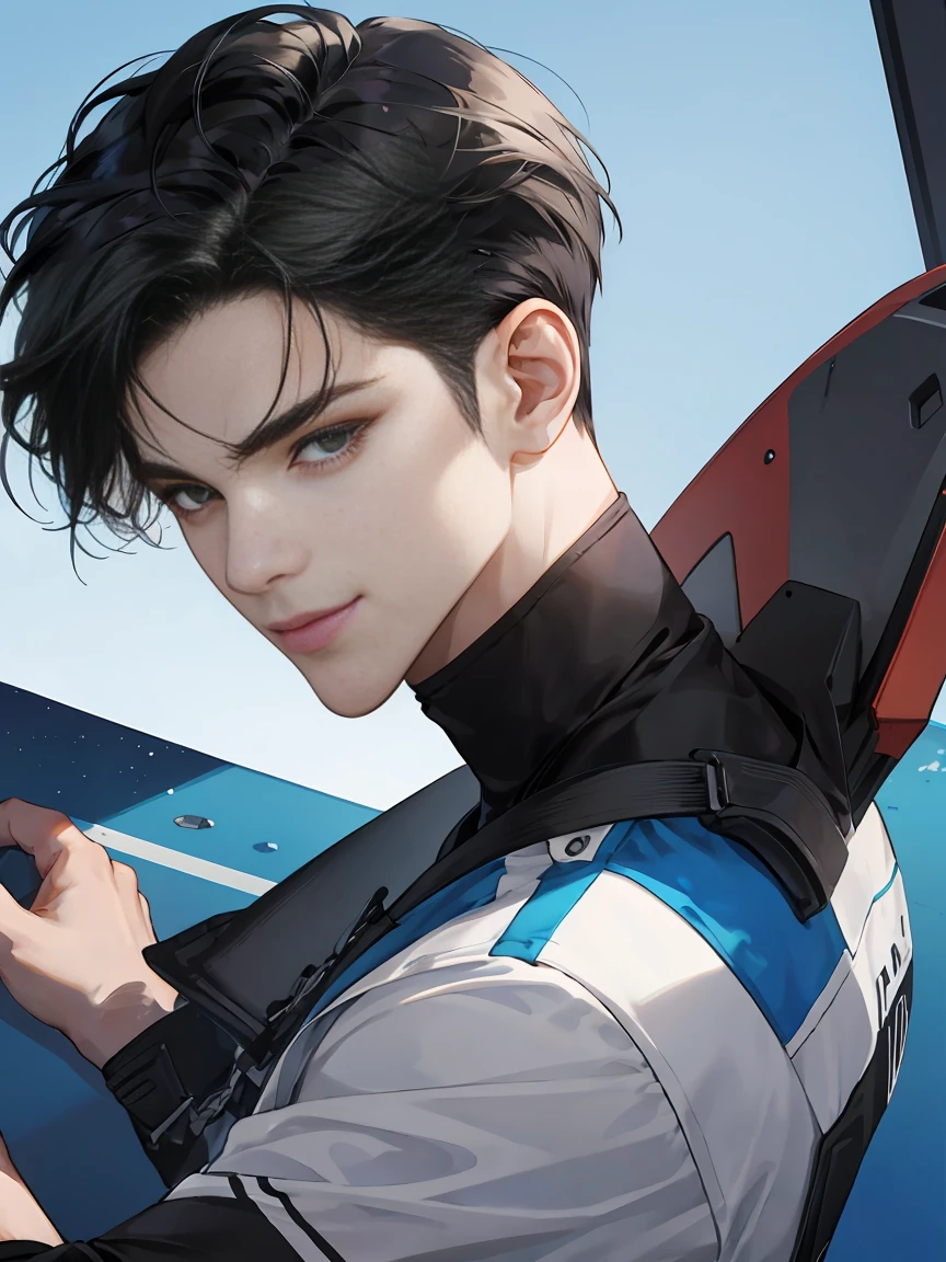 modern, under a clear blue sky, anime style, chiaroscuro, UHD, masterpiece, anatomically correct, textured skin, high details, super detail, best quality, (extreamly delicate and beautiful:1.2), 8K, (tmasterpiece, best:1.0), One male that very short black hair, short black Quiff hair with Soft Fringe, bangs part on side 5:5 ratio, wearing a loose black sleeve, thin, (sports style), a frontal view of a face looking to the right, displaying a sly smile, Korean illustration style.