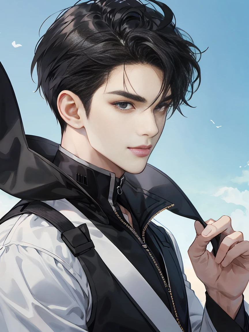 modern, under a clear blue sky, anime style, chiaroscuro, UHD, masterpiece, anatomically correct, textured skin, high details, super detail, best quality, (extreamly delicate and beautiful:1.2), 8K, (tmasterpiece, best:1.0), One male that very short black hair, short black Quiff hair with Soft Fringe, bangs part on side 5:5 ratio, wearing a loose black sleeve, thin, (sports style), a frontal view of a face looking to the right, displaying a sly smile, Korean illustration style.