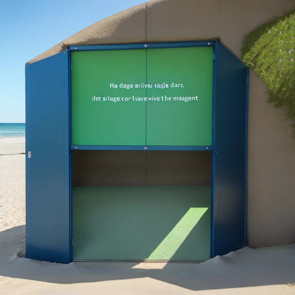 Generating a business manager on a beach the company color codes are green and blue, en arrière plan un porte-conteneurs naviguant en mer au large, sky with dark blue tone