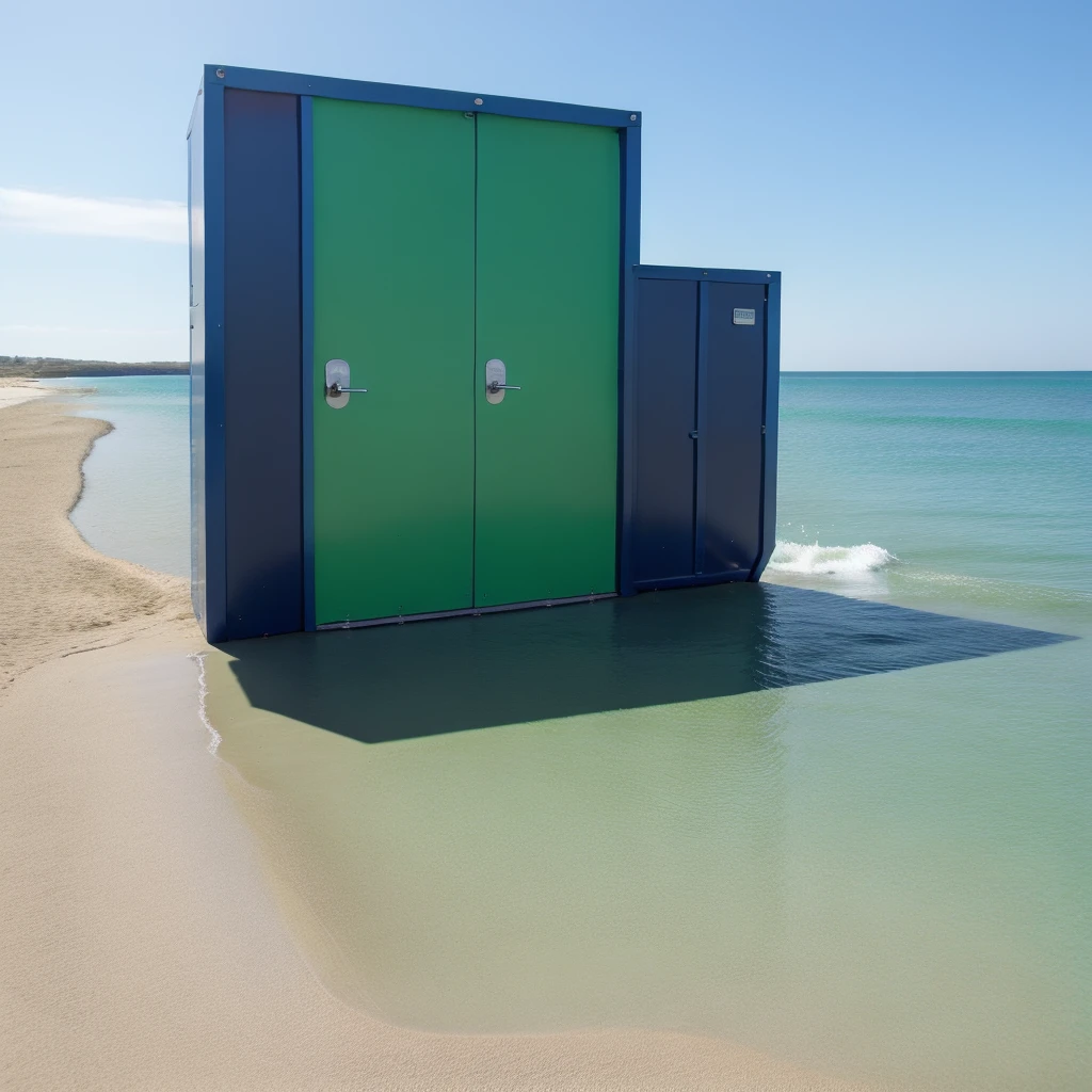 Generating a business manager on a beach the company color codes are green and blue, en arrière plan un porte-conteneurs naviguant en mer au large, sky with dark blue tone
