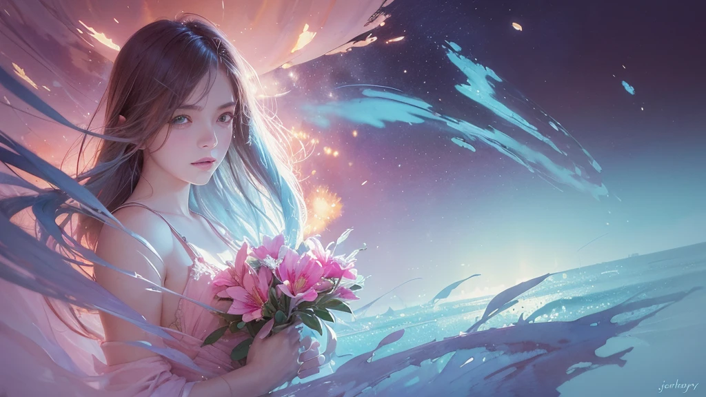 32k, Masterpiece, Highest quality, One girl, Detailed eyes, flower,Alstroemeria, Pink and light blue style,A dreamy, romantic piece,Pale yellow, Mysterious Leaves,A playful arrangement,Fantasy,High Contrast,Ink strokes,explosion,Exposure, Impression of pink and light blue tones,Abstract,((Watercolours by John Berkey and Jeremy Mann )) Brush strokes,Negative Space, Tyndall effect,
