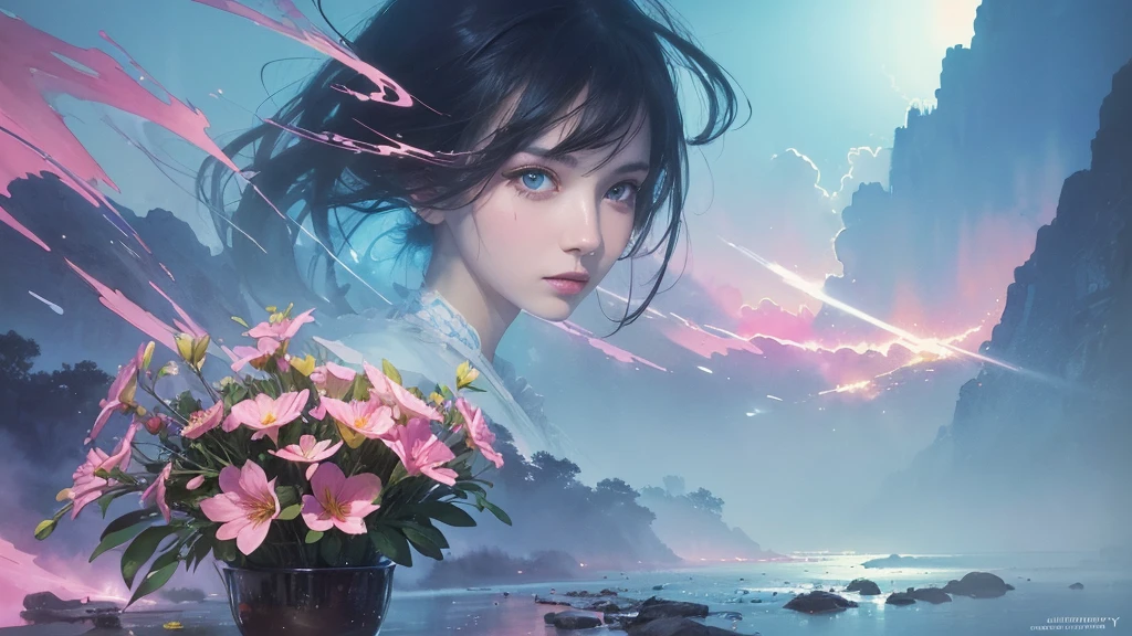 32k, Masterpiece, Highest quality, One girl, Detailed eyes, flower,Alstroemeria, Pink and light blue style,A dreamy, romantic piece,Pale yellow, Mysterious Leaves,A playful arrangement,Fantasy,High Contrast,Ink strokes,explosion,Exposure, Impression of pink and light blue tones,Abstract,((Watercolours by John Berkey and Jeremy Mann )) Brush strokes,Negative Space, Tyndall effect,