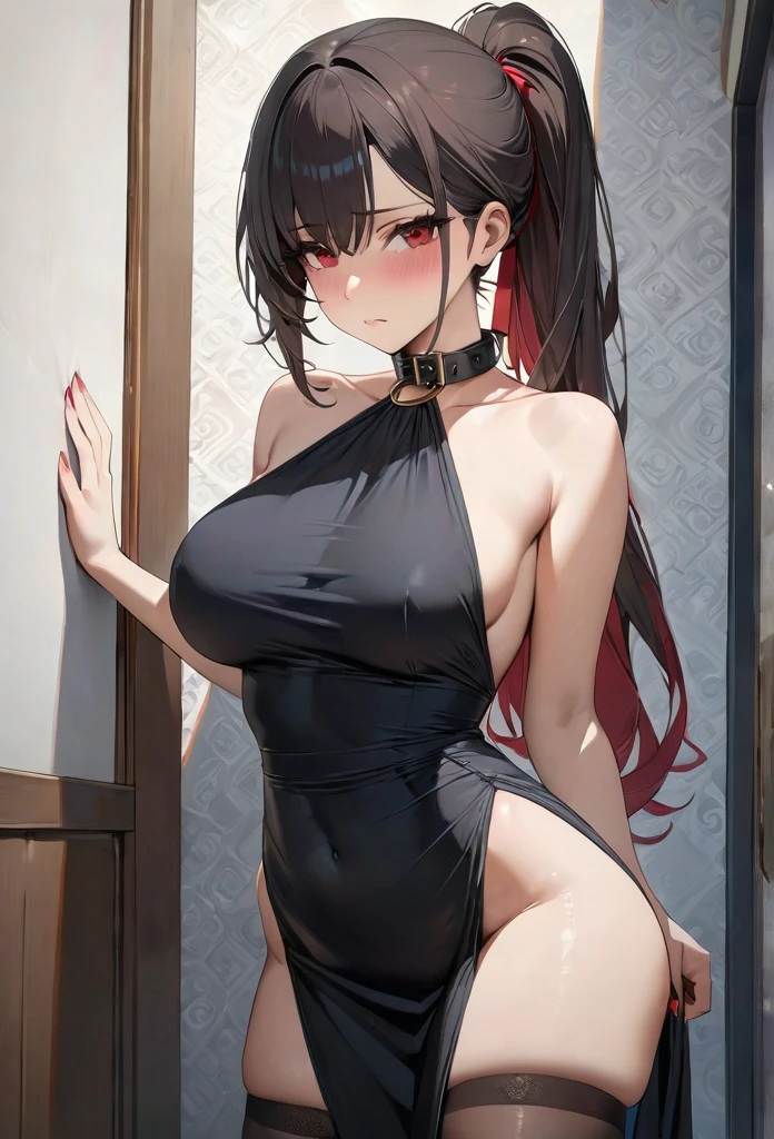 (masterpiece, Highest quality, High resolution, Super detailed, Highest quality), Detailed body, Detailed face, Detailed Red Eyes, Shy,  Tight waist, Black ponytail hair, sexy maxi dress, bedroom, hips up, ((standing)), (collar), (30 years old), stockings, slim, leaning against a wall, butt raised seductively 