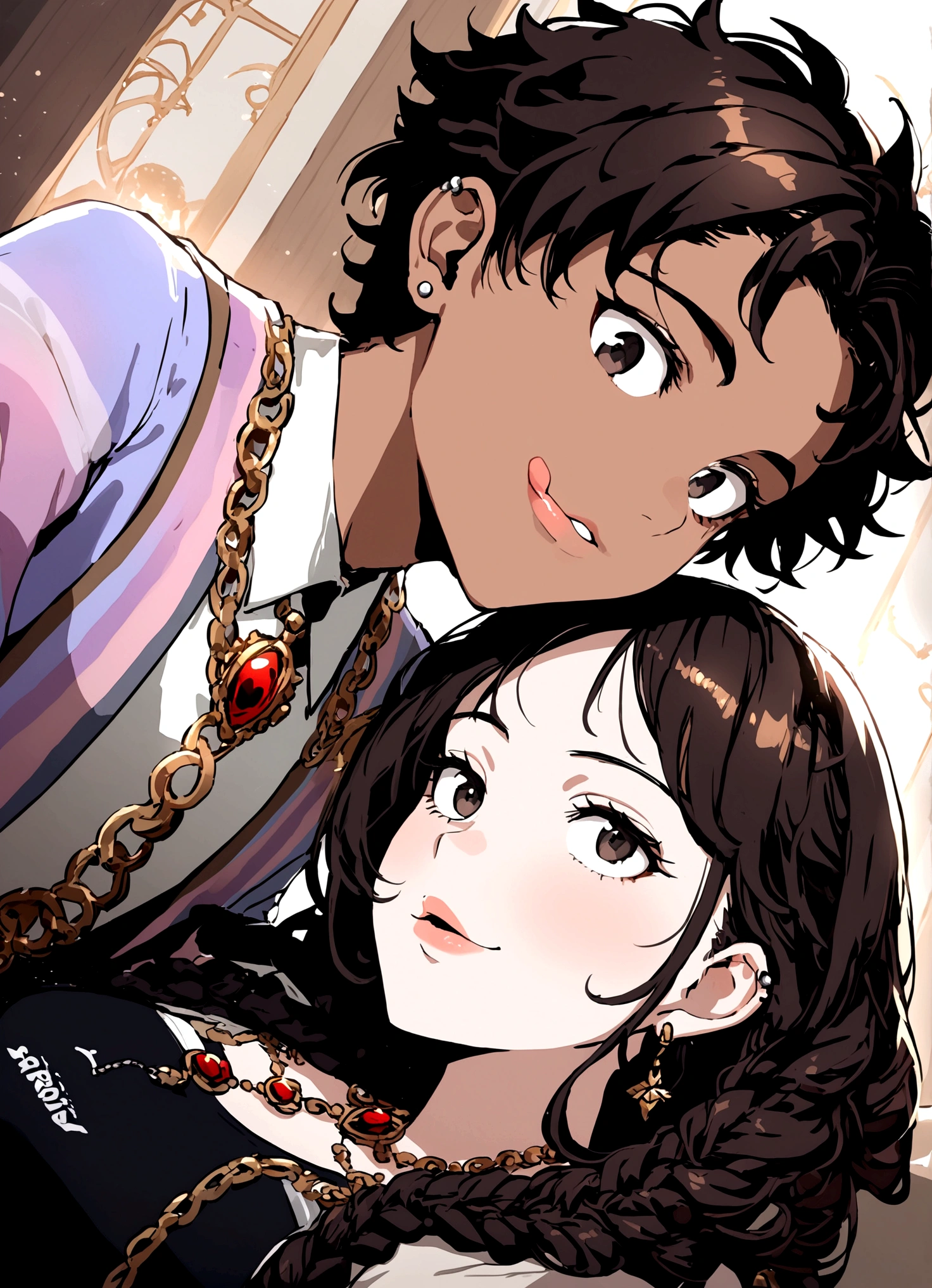 1 girl (modern clothing) (Dark honey eyes that contrast with her white skin and blonde hair with marked curls and long braided hair.....) (She has simple earrings and a delicate flower-shaped necklace...... Dorado) (happy look and cute smile looking) 1 chico (young black man with black eyes and short curly black hair) (a piercing in the right ear and a silver chain) (slanted and tired eyes with dark circles) (marked jaw with thick lips) [both looking at each other]