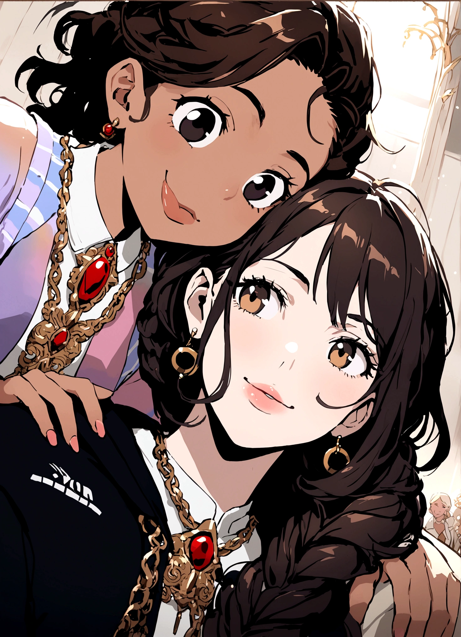1 girl (modern clothing) (Dark honey eyes that contrast with her white skin and blonde hair with marked curls and long braided hair.....) (She has simple earrings and a delicate flower-shaped necklace...... Dorado) (happy look and cute smile looking) 1 chico (young black man with black eyes and short curly black hair) (a piercing in the right ear and a silver chain) (slanted and tired eyes with dark circles) (marked jaw with thick lips) [both looking at each other]