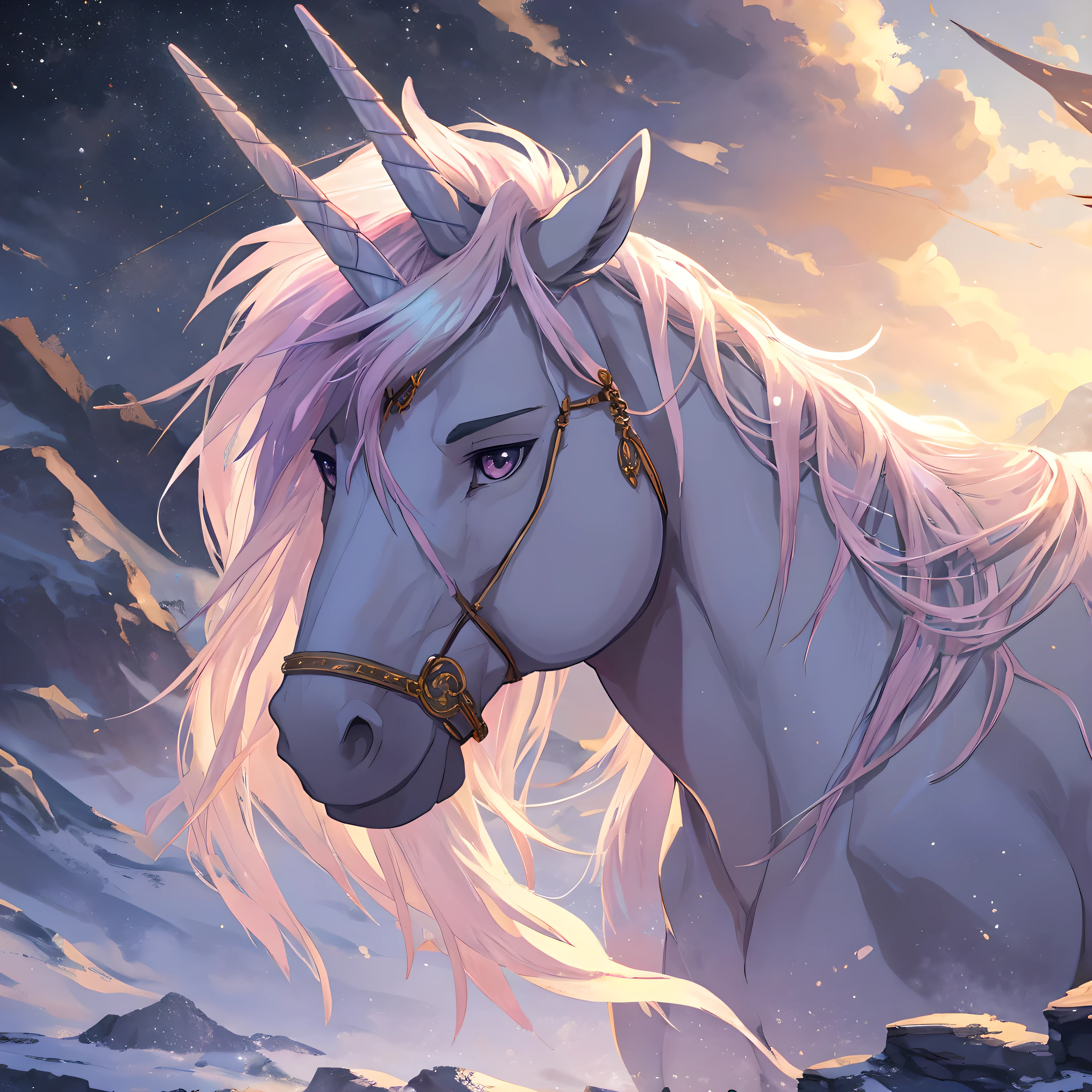 Anthro, full body, equine, horse-unicorn hybrid, unique blend of horse and unicorn features, glossy, shimmering magical horn, ethereal aura, pastel rainbow mane and tail, muscular build, expressive, gentle face, delicate eyes, trending on ArtStation, Intricate, High Detail, dramatic, realism, realistic, standing, royal pose, best quality, masterpiece, perfect , detailed picture, by WhimsicalWish (ArtStation), by CelestialCreations123 (ArtStation), by StardustDesigns (DeviantArt), cold atmosphere, open smile, soft pastel blush,