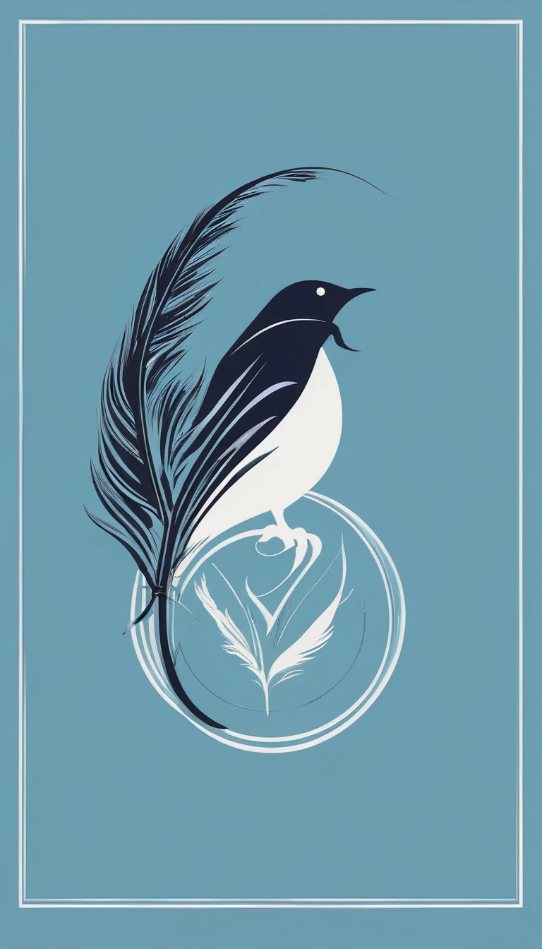 A minimal, modern, simple, cinematic logo design for the brand “Penamemoria". The logo design must be a simple, silhouette of a boy, standing up, playing acoustic guitar and fantasy feather by his side. The logo must convey a sense of music, stories, memories and dreams. Logo design impressed on a book cover. Minimalistic logo. Soft blue, white and golden as colors for the logo design