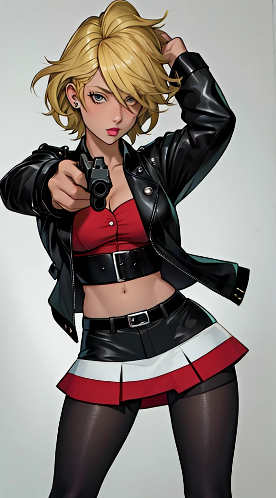 ((masterpiece, best quality)),solo,1girl, ritaloud, rita_loud, large breasts, highres, blonde hair, hair over eyes, detailed, soft lighting, short hair, red shirt, criminal girl, black leather jacket, black skirt, pantyhose, lingerie, background : ocean docks, aiming at viewer, holding pistol, handgun, looking at you