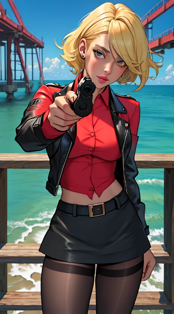 ((masterpiece, best quality)),solo,1girl, ritaloud, rita_loud, large breasts, highres, blonde hair, hair over eyes, detailed, soft lighting, short hair, red shirt, criminal girl, black leather jacket, black skirt, pantyhose, lingerie, background : ocean docks, aiming at viewer, holding pistol, handgun, looking at you
